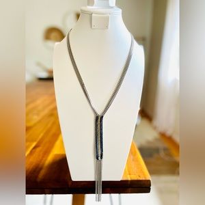 Mod boho long silver & navy blue necklace